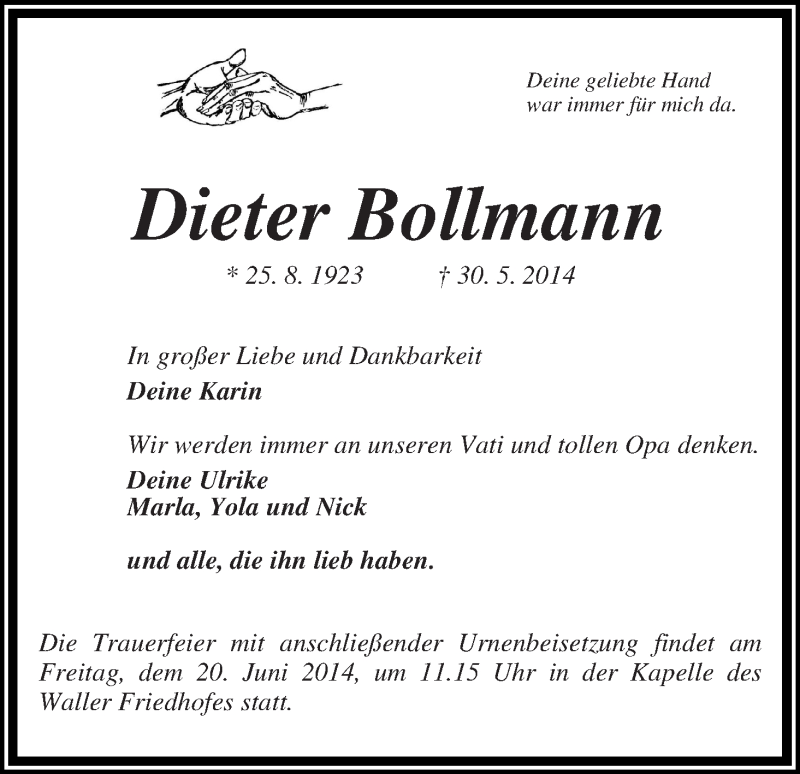 Traueranzeige von Dieter Bollmann von WESER-KURIER