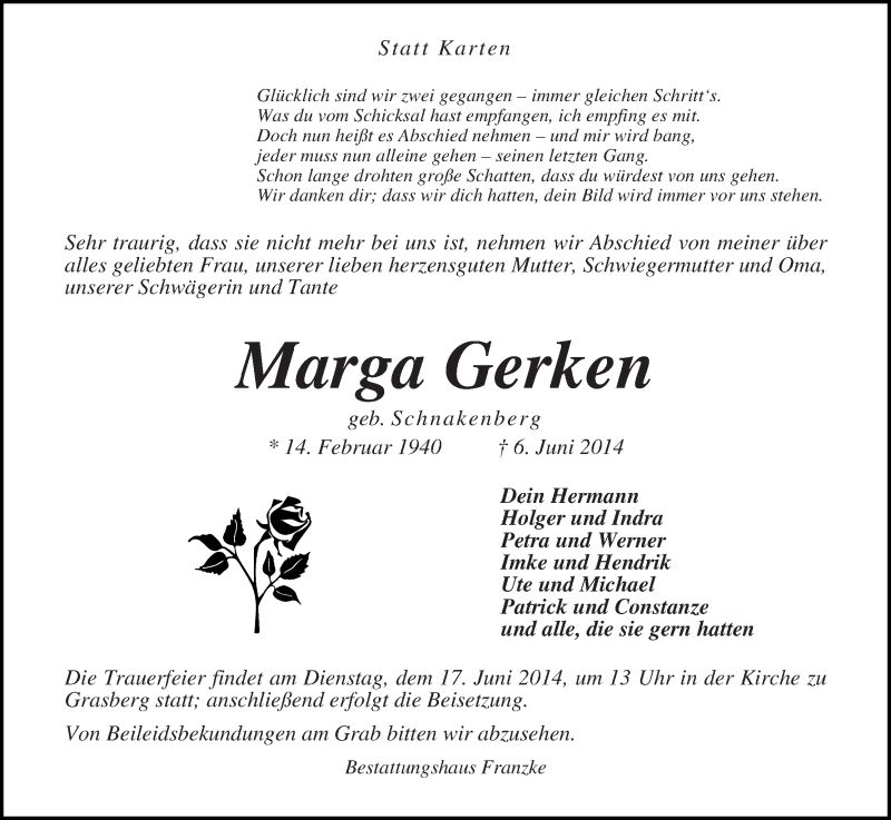 Traueranzeige von Marga Gerken von Wuemme Zeitung