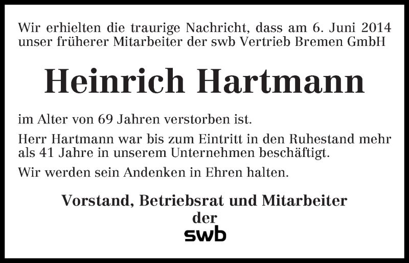 Traueranzeige von Heinrich Hartmann von WESER-KURIER
