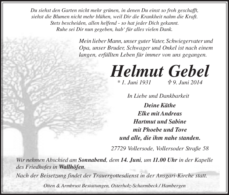 Traueranzeige von Helmut Gebel von Osterholzer Kreisblatt