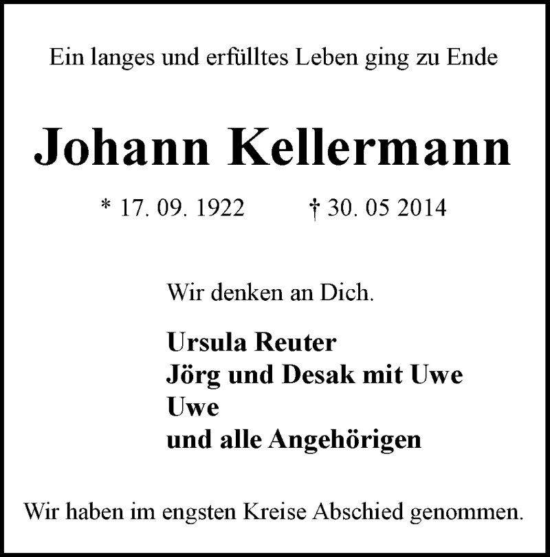 Traueranzeige von Johann Kellermann von WESER-KURIER