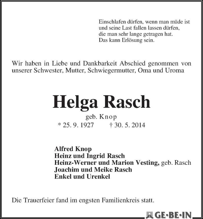 Traueranzeige von Helga Rasch von WESER-KURIER