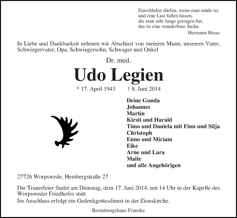Traueranzeige von Udo Legien von Wuemme Zeitung