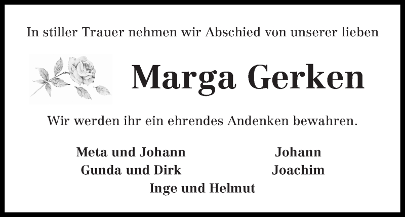 Traueranzeige von Marga Gerken von Wuemme Zeitung