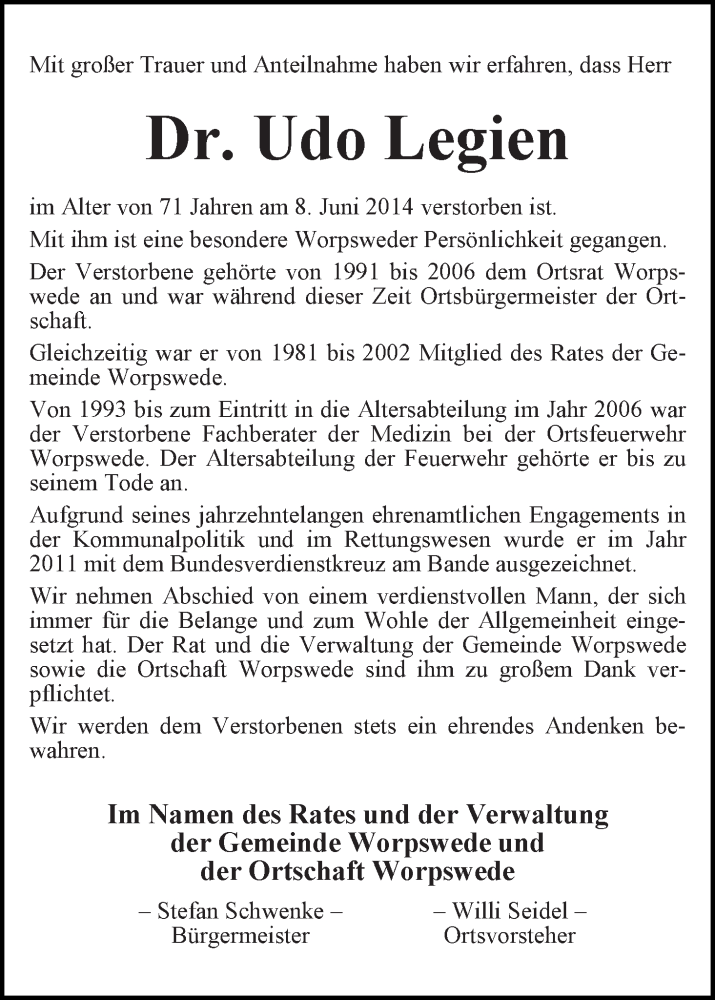 Traueranzeige von Udo Legien von Wuemme Zeitung