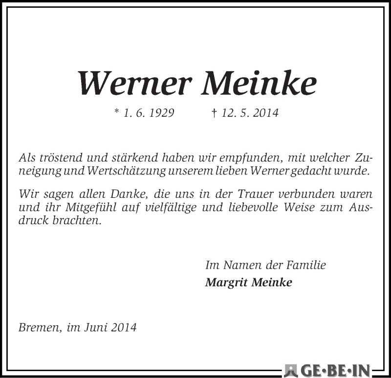  Traueranzeige für Werner Meinke vom 14.06.2014 aus WESER-KURIER