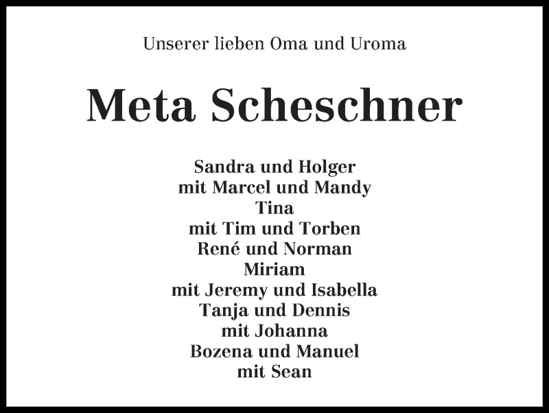 Traueranzeige von Meta Scheschner von Die Norddeutsche