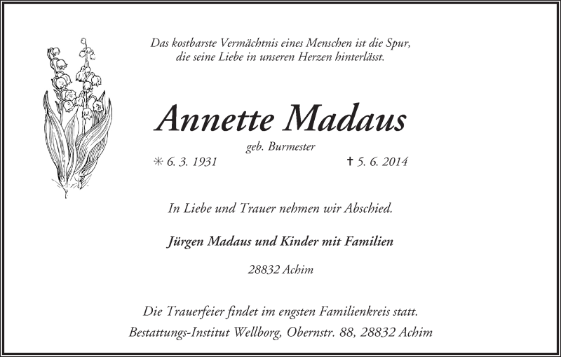 Traueranzeige von Annette Madaus von WESER-KURIER