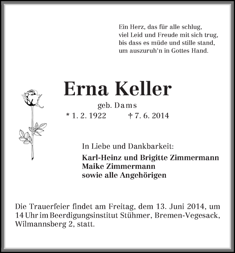 Traueranzeige von Erna Keller von Die Norddeutsche