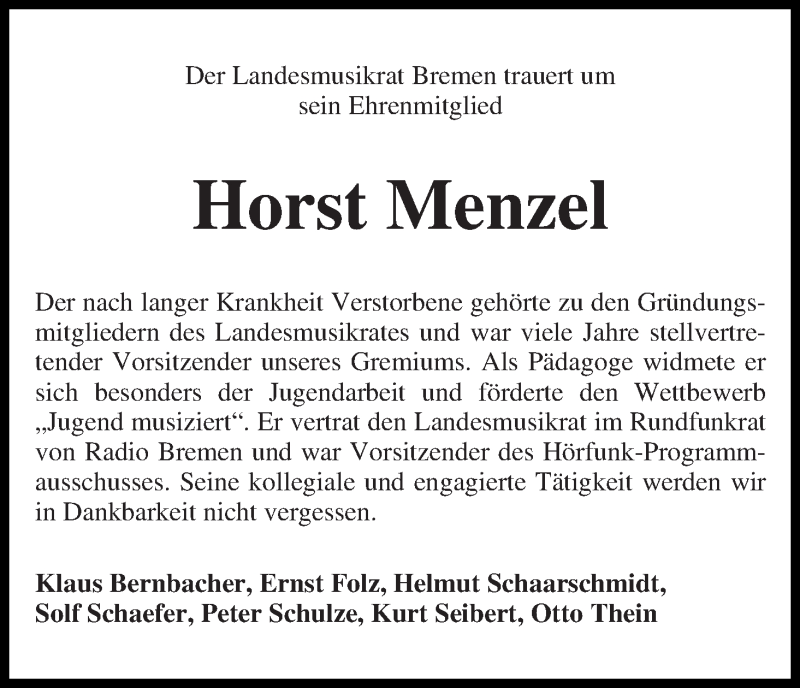 Traueranzeige von Horst Menzel von WESER-KURIER