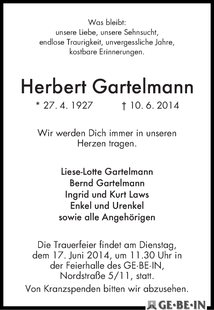 Traueranzeige von Herbert Gartelmann von WESER-KURIER