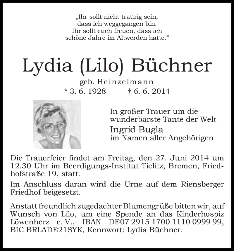 Traueranzeige von Lydia(Lilo) Büchner von WESER-KURIER