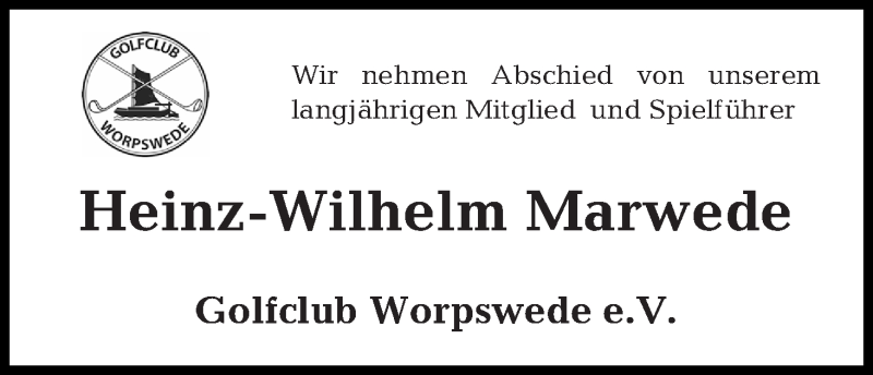 Traueranzeige von Heinz-Wilhelm Marwede von Osterholzer Kreisblatt