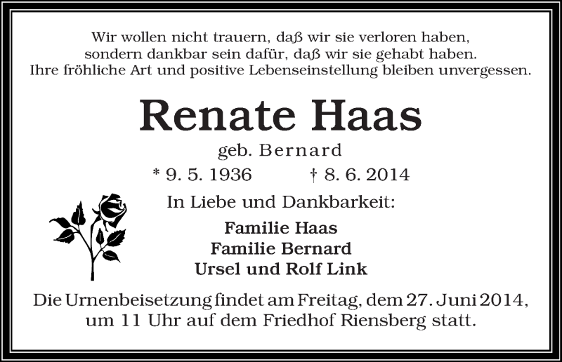  Traueranzeige für Renate Haas vom 14.06.2014 aus WESER-KURIER