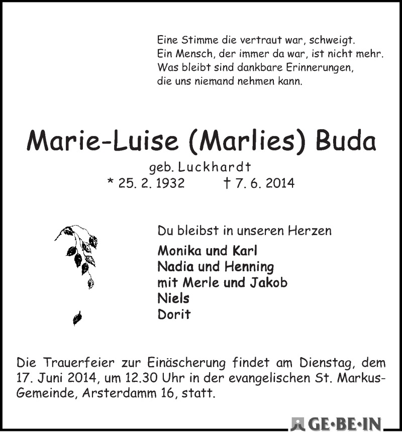Traueranzeige von Marie-Luise (Marlies) Buda von WESER-KURIER