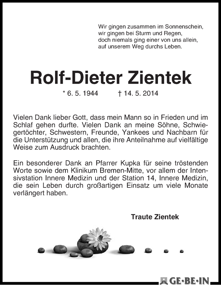 Traueranzeige von Rolf-Dieter Zientek von WESER-KURIER
