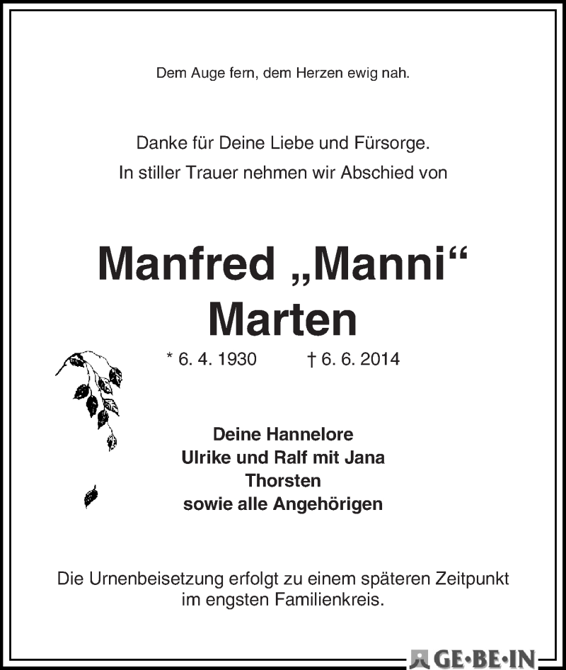 Traueranzeige von Manfred 