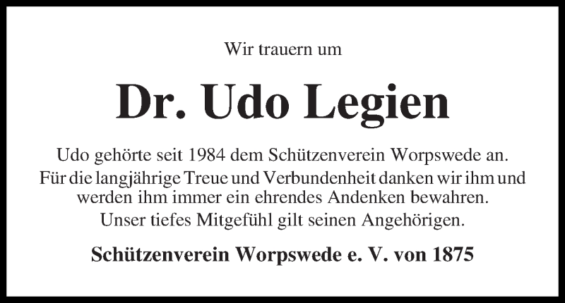 Traueranzeige von Udo Legien von Wuemme Zeitung