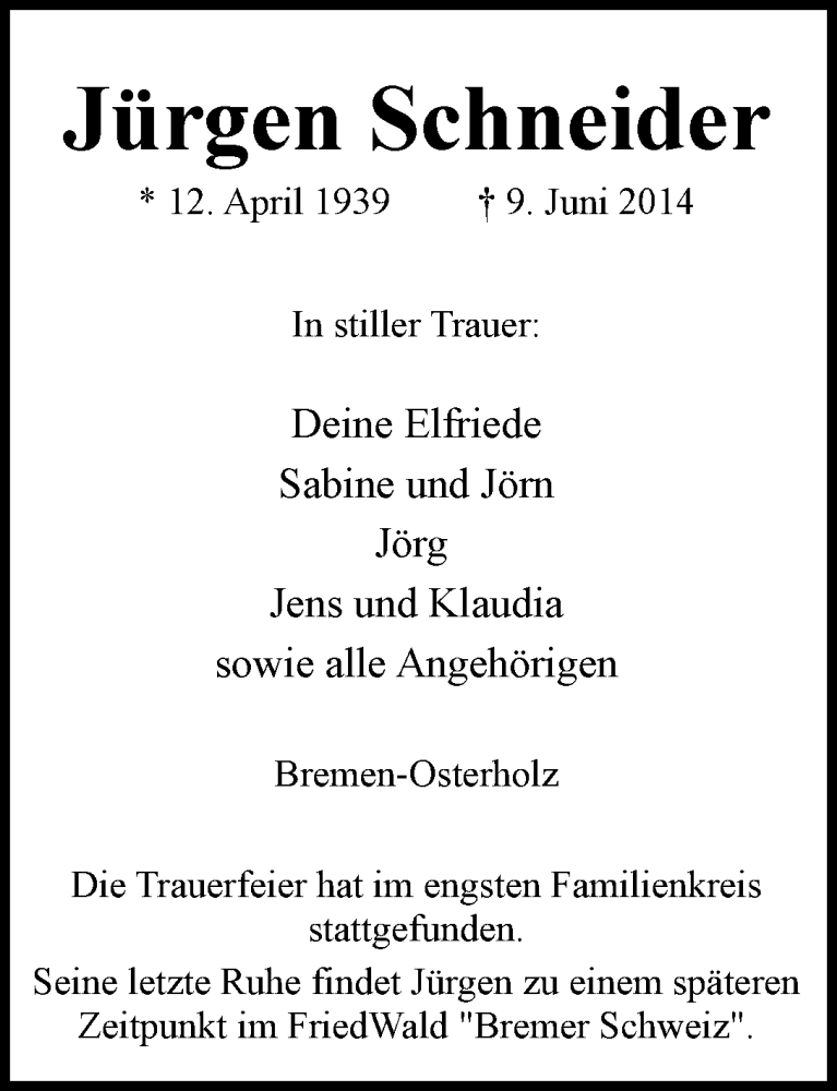 Traueranzeige von Jürgen Schneider von WESER-KURIER