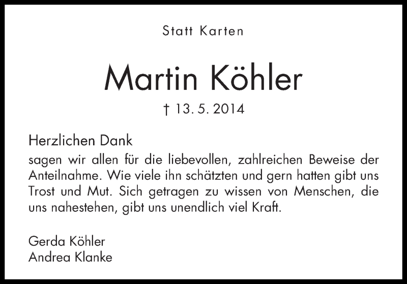 Traueranzeige von Martin Köhler von WESER-KURIER