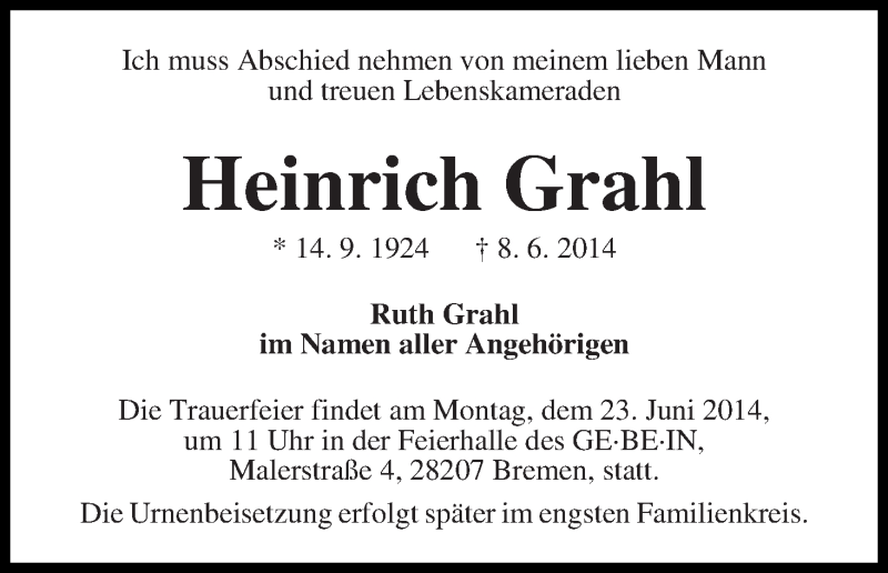 Traueranzeige von Heinrich Grahl von WESER-KURIER