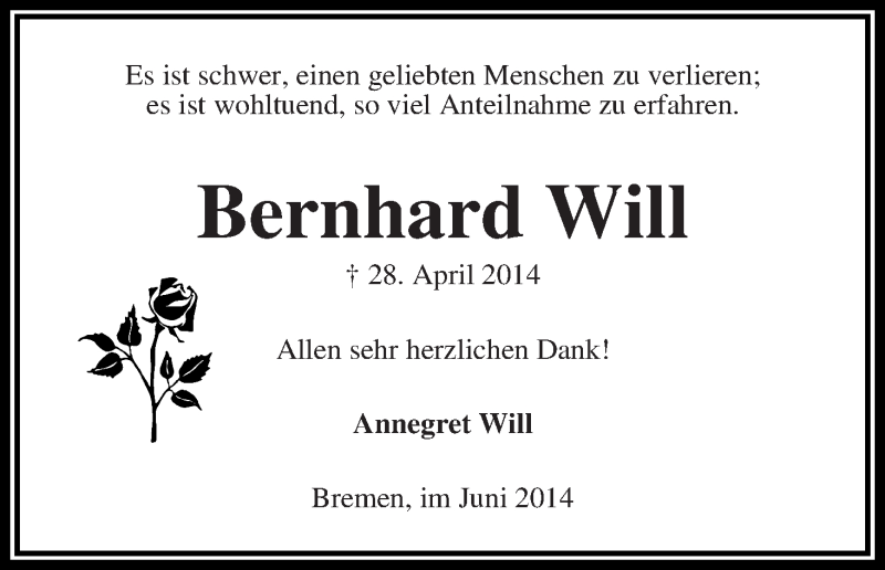 Traueranzeige von Bernhard Will von WESER-KURIER