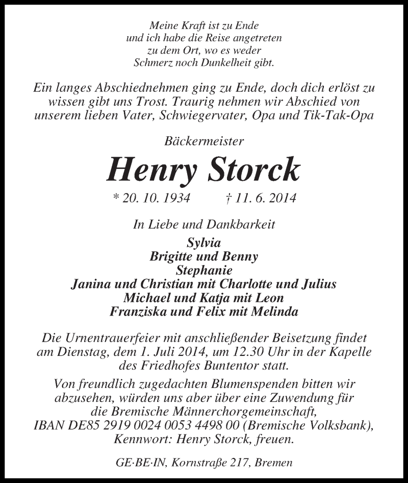 Traueranzeige von Henry Storck von WESER-KURIER