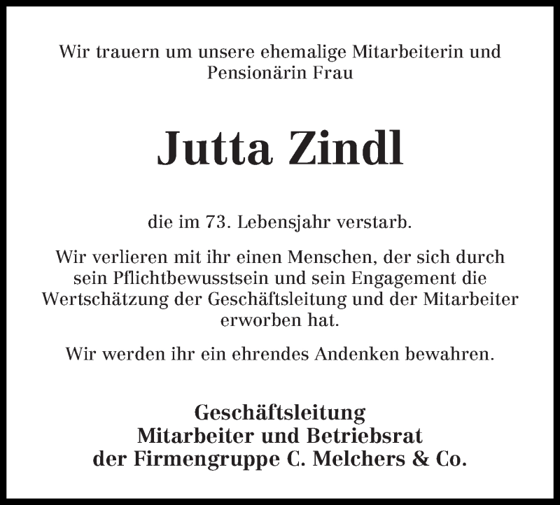 Traueranzeige von Jutta Zindl von WESER-KURIER