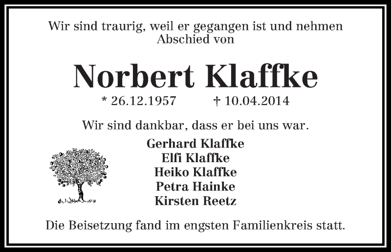 Traueranzeige von Norbert Klaffke von WESER-KURIER