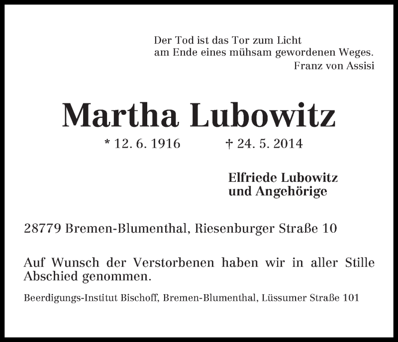 Traueranzeige von Martha Lubowitz von Die Norddeutsche