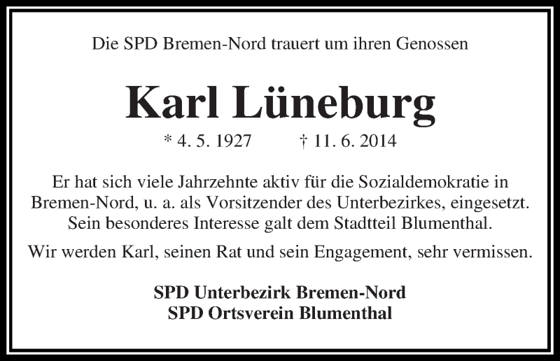  Traueranzeige für Karl Lüneburg vom 14.06.2014 aus Die Norddeutsche