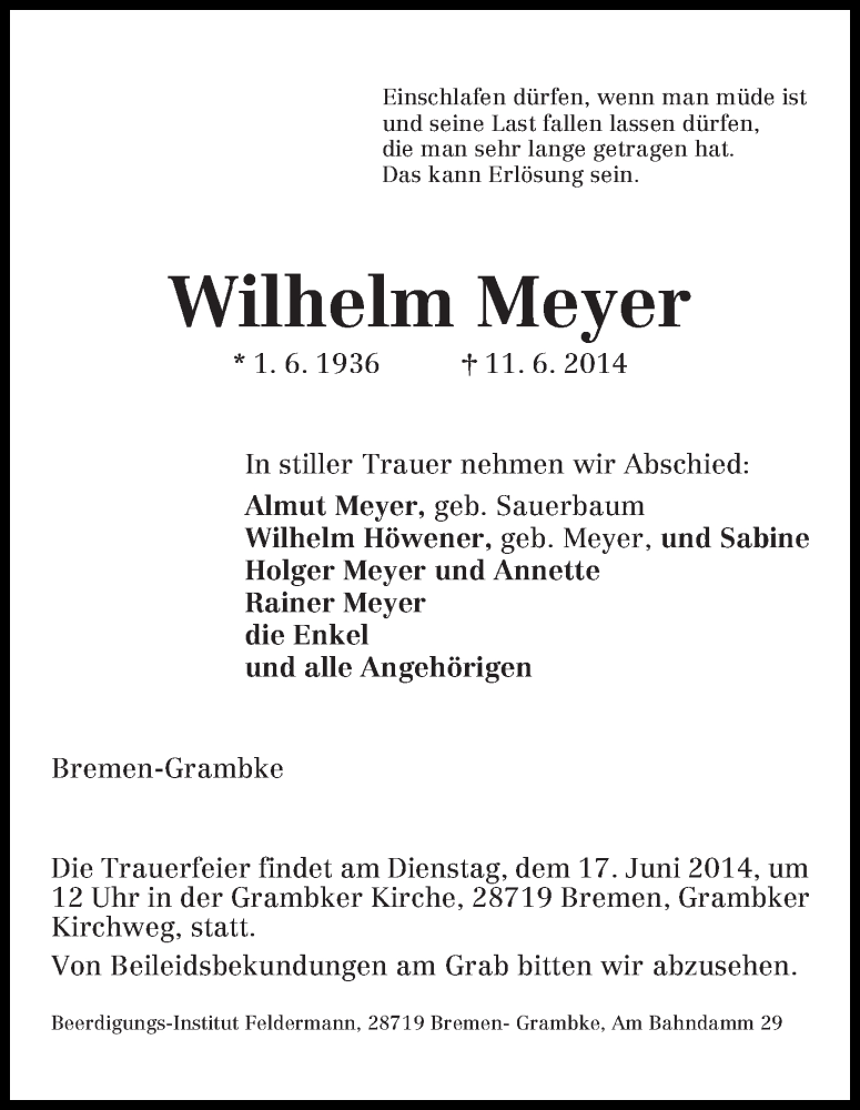  Traueranzeige für Wilhelm Meyer vom 14.06.2014 aus WESER-KURIER