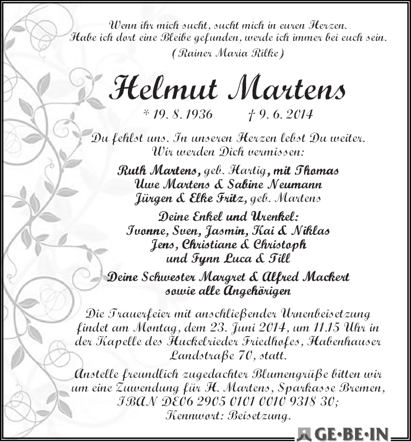 Traueranzeige von Helmut Martens von WESER-KURIER