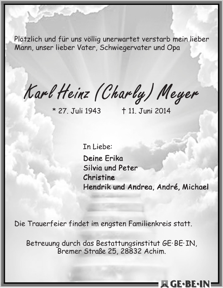 Traueranzeige von Karl Heinz (Charly) Meyer von WESER-KURIER