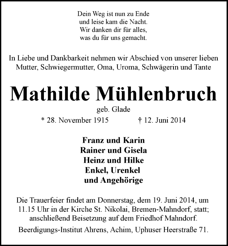 Traueranzeige von Mathilde Mühlenbruch von WESER-KURIER