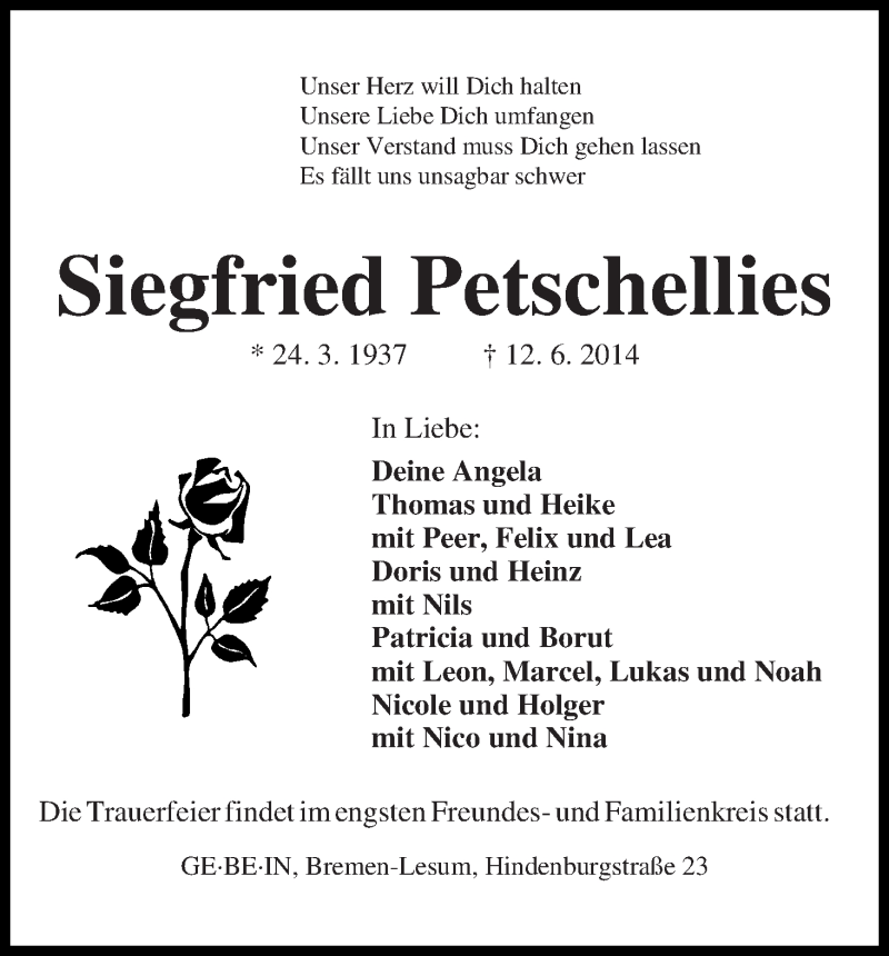 Traueranzeige von Siegfried Petschellies von Die Norddeutsche