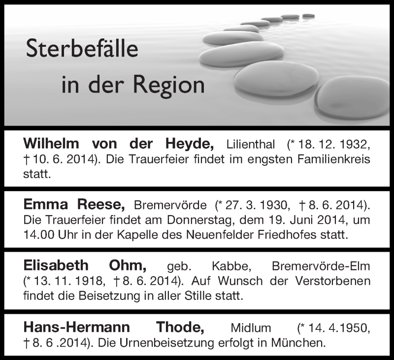 Traueranzeige von Sterbefälle in der Region Osterholz von Osterholzer Kreisblatt