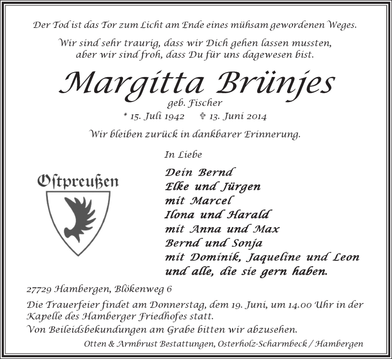 Traueranzeige von Margitta Brünjes von Osterholzer Kreisblatt