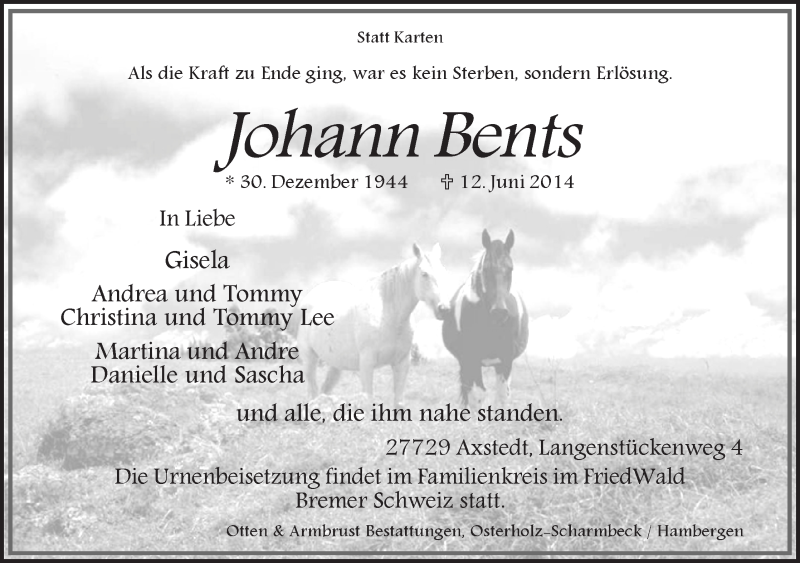 Traueranzeige von Johann Bents von Osterholzer Kreisblatt