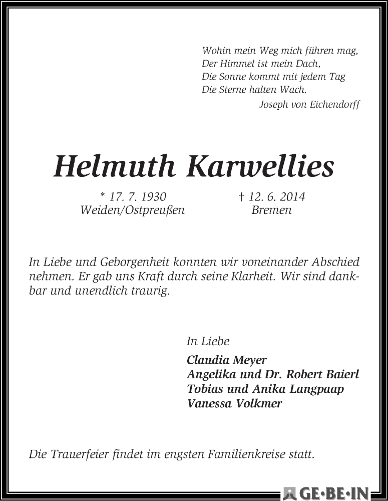 Traueranzeige von Helmuth Karwellies von WESER-KURIER