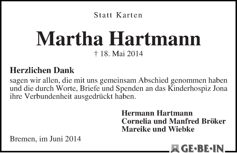  Traueranzeige für Martha Hartmann vom 18.06.2014 aus WESER-KURIER