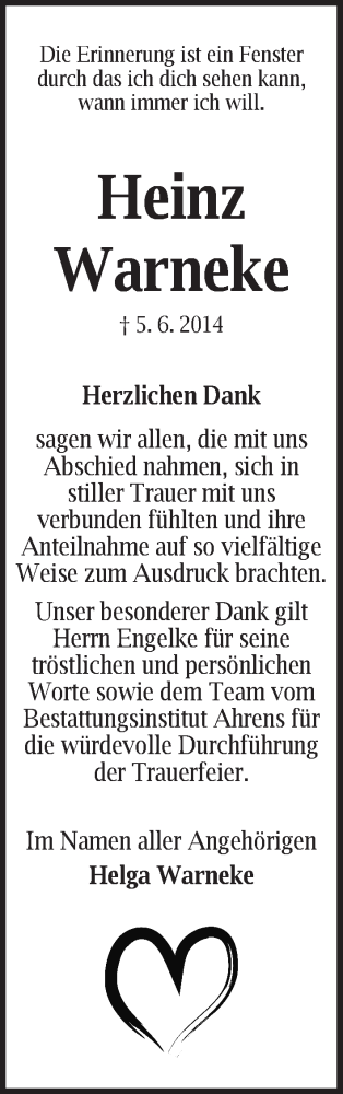 Traueranzeige von Heinz Warneke von WESER-KURIER