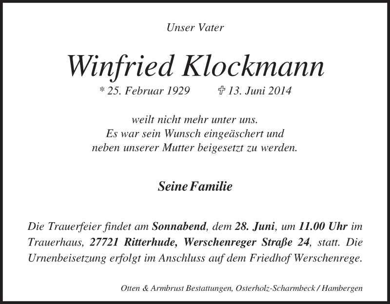 Traueranzeige von Winfried Klockmann von Osterholzer Kreisblatt