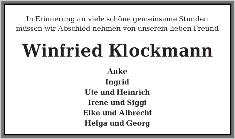 Traueranzeige von Winfried Klockmann von Osterholzer Kreisblatt