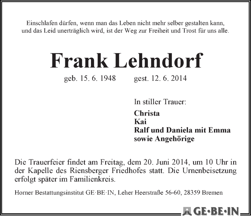Traueranzeige von Frank Lehndorf von WESER-KURIER