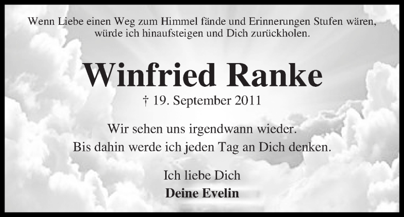  Traueranzeige für Winfried Ranke vom 19.09.2014 aus Die Norddeutsche