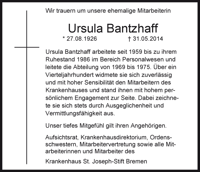 Traueranzeige von Ursula Bantzhaff von WESER-KURIER