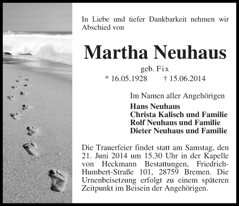 Traueranzeige von Martha Neuhaus von Die Norddeutsche