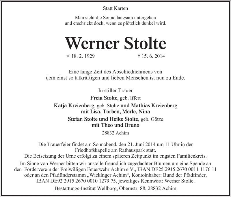 Traueranzeige von Werner Stolte von WESER-KURIER