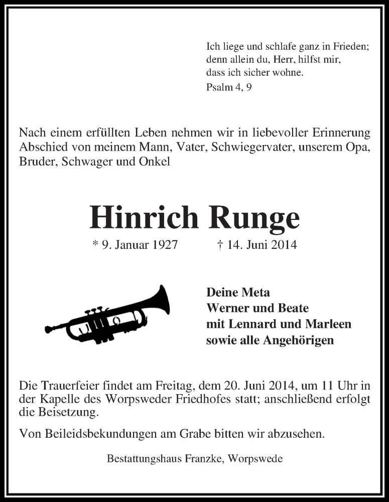 Traueranzeige von Hinrich Runge von Wuemme Zeitung